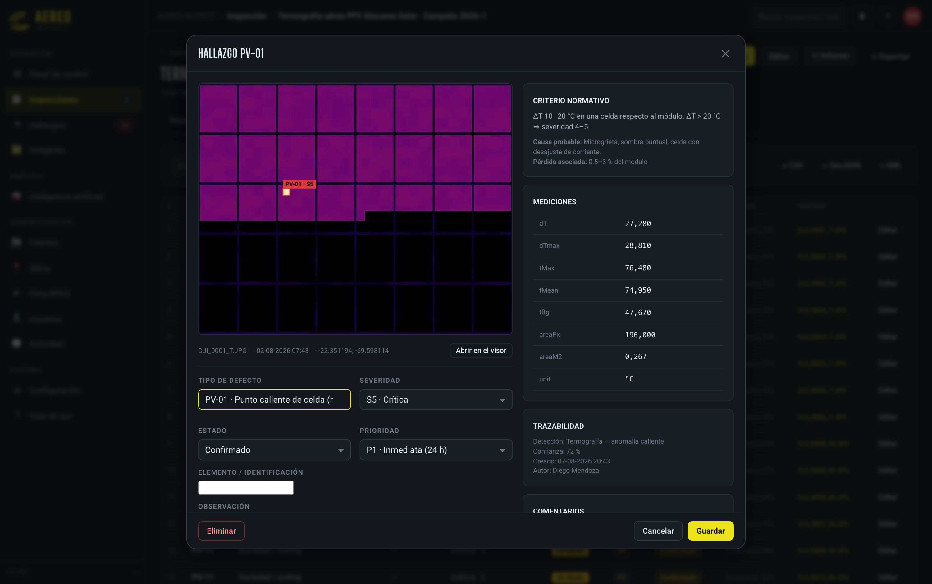 Ficha de hallazgo en AÉREO Inspect: imagen anotada, mediciones y criterio normativo